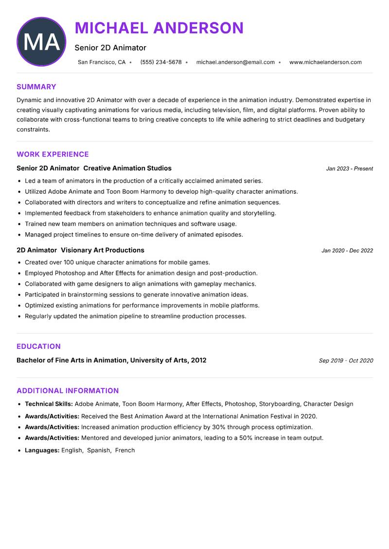 2D Animator resume example — Animation & VFX