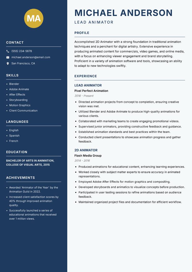 2D Animator resume sample — Lead Animator focus
