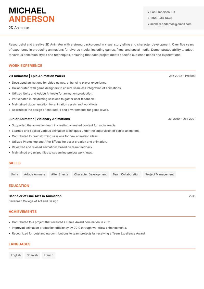2D Animator resume sample — 2D Animator focus