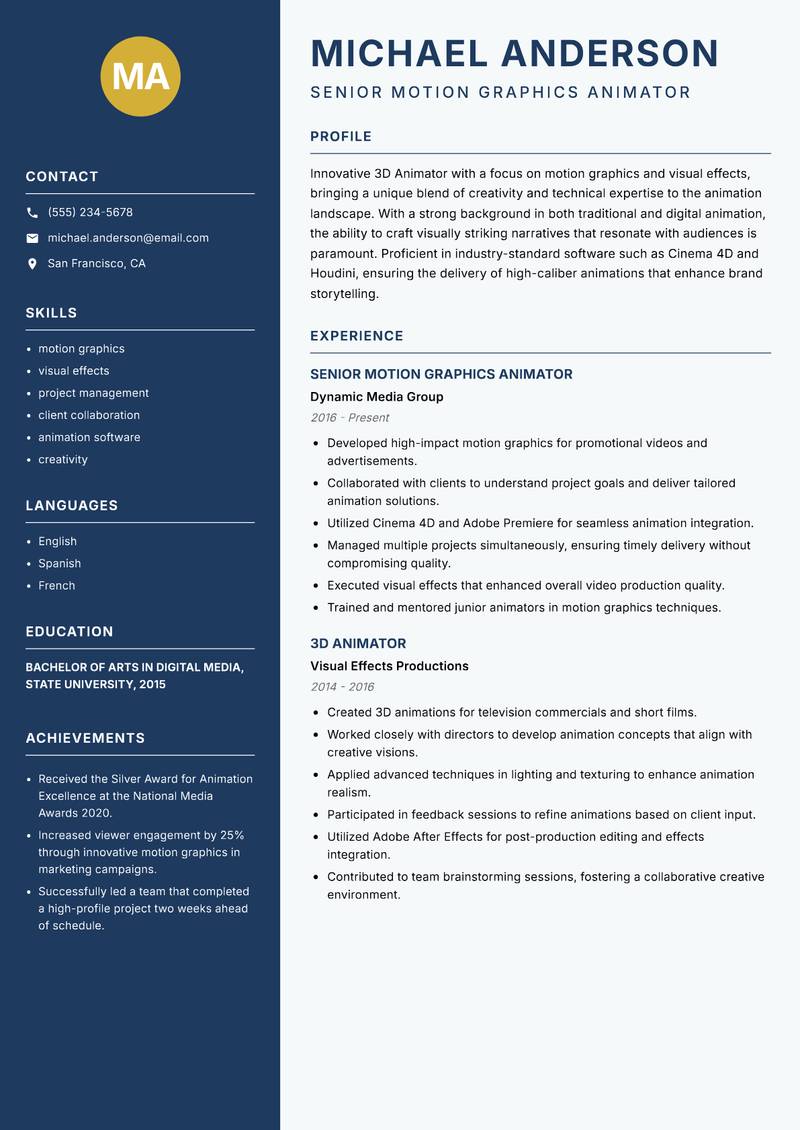 3D Animator resume sample — Senior Motion Graphics Animator focus
