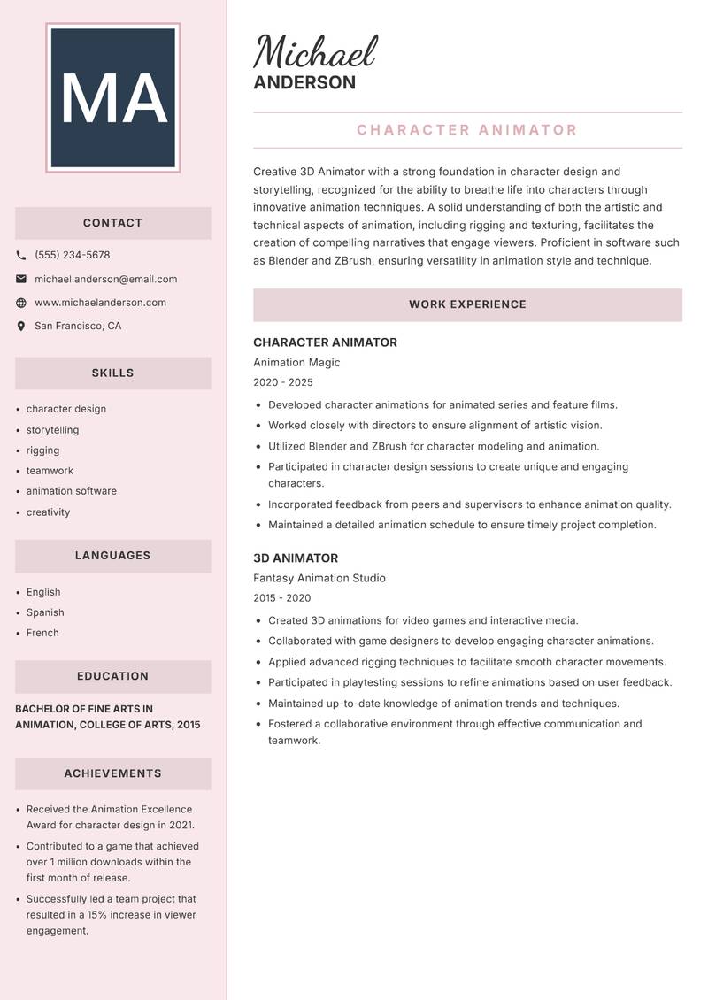 3D Animator resume sample — Character Animator focus