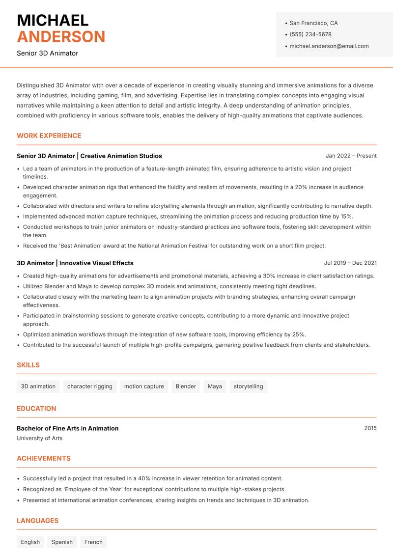 3D Animator resume sample — Senior 3D Animator focus