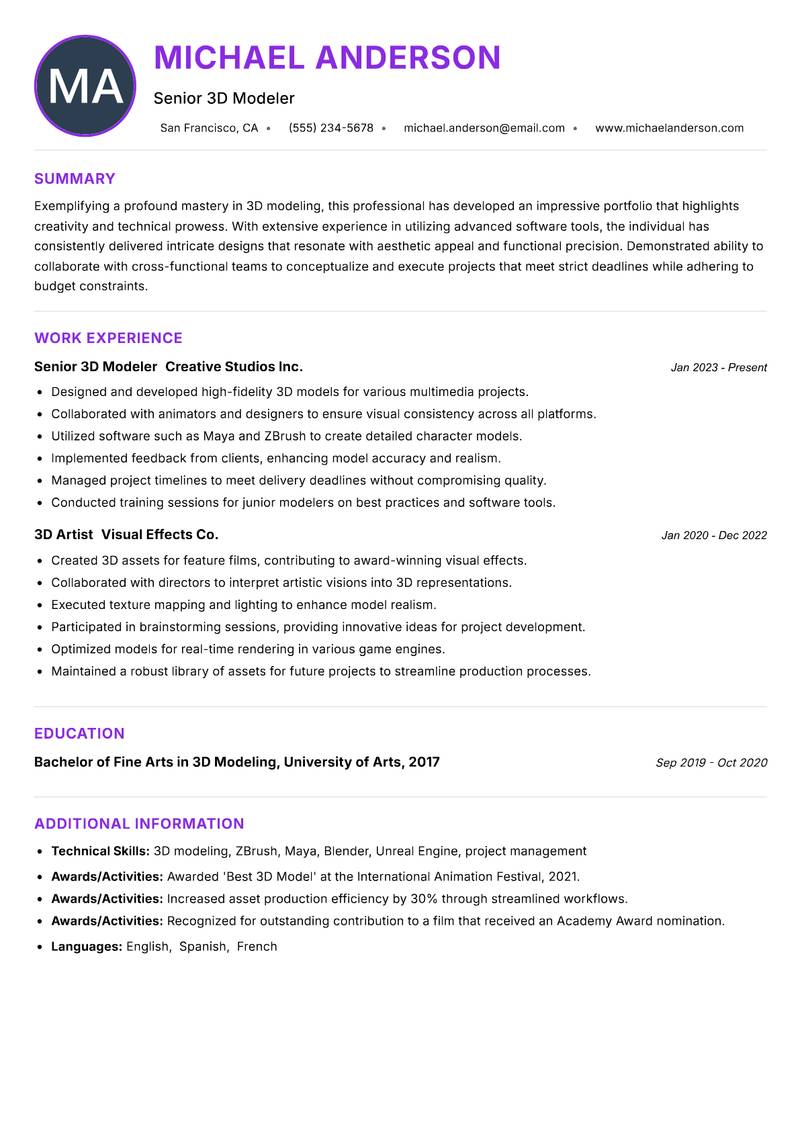 3D Modeler resume example