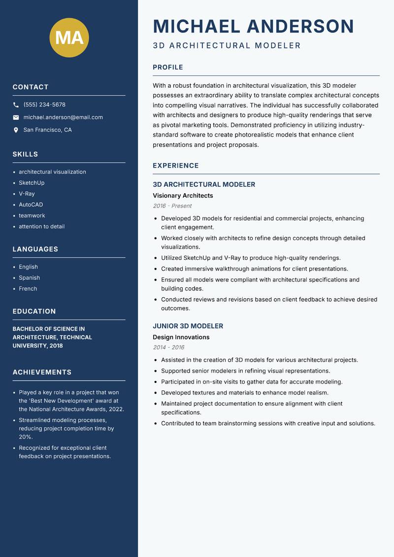 3D Modeler resume sample — 3D Architectural Modeler focus