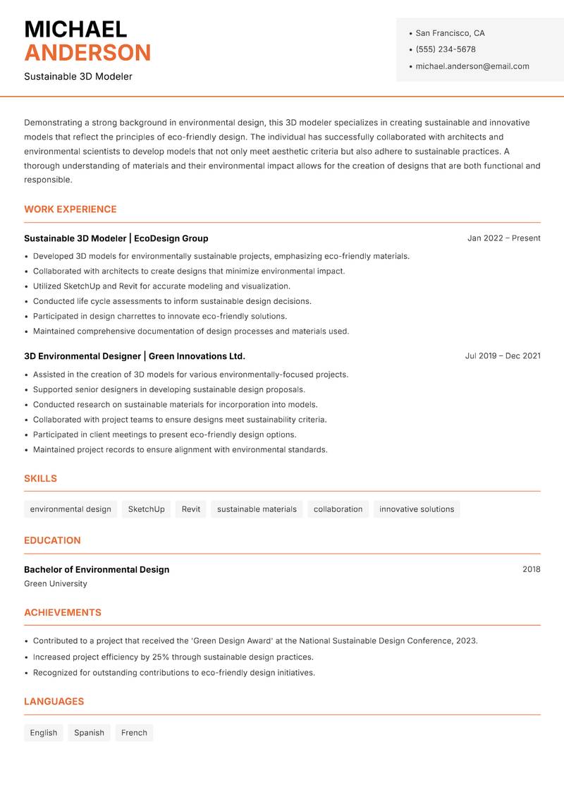3D Modeler resume sample — Sustainable 3D Modeler focus