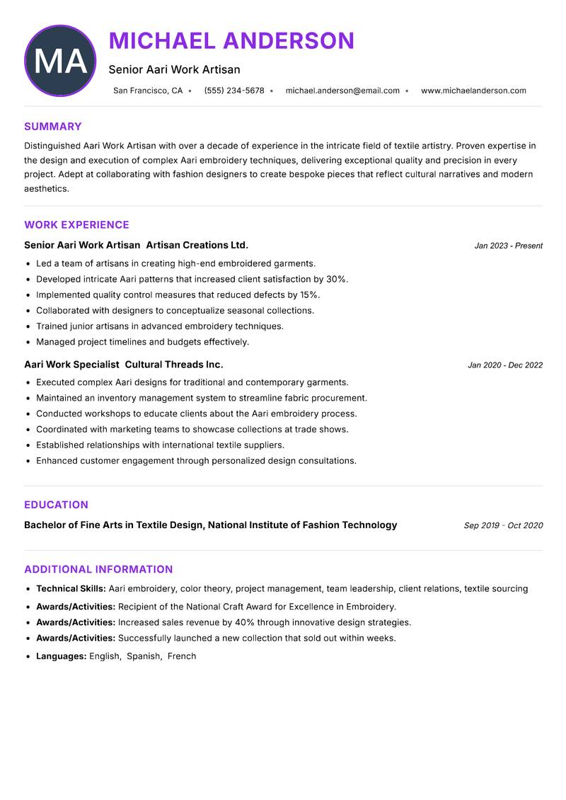 Aari Work Artisan resume example — Textile Crafts