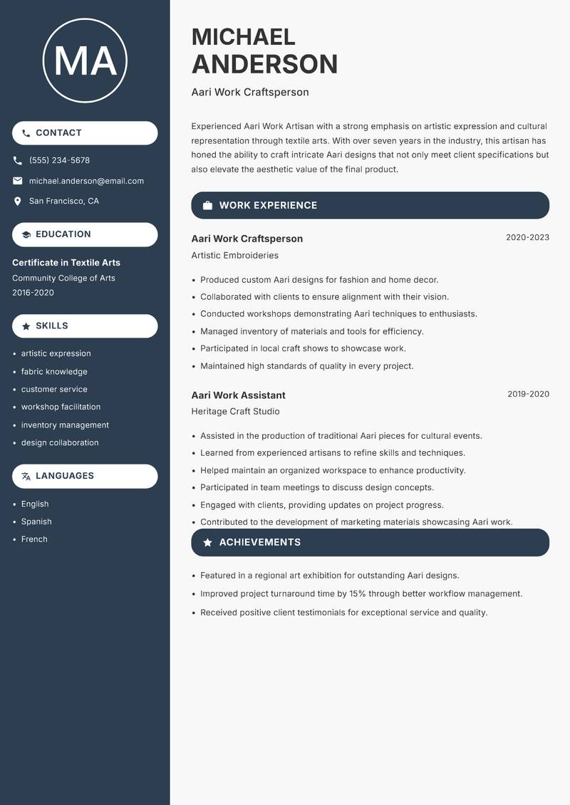 Aari Work Artisan resume sample — Aari Work Craftsperson focus