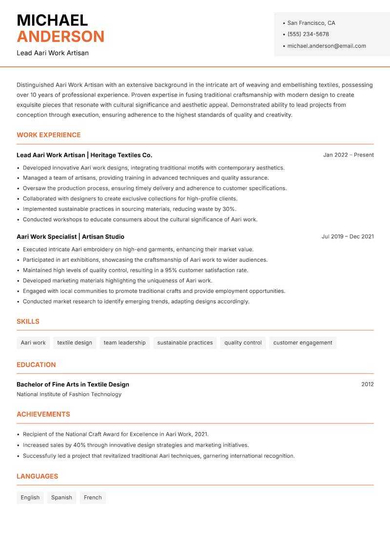 Aari Work Artisan resume sample — Lead Aari Work Artisan focus
