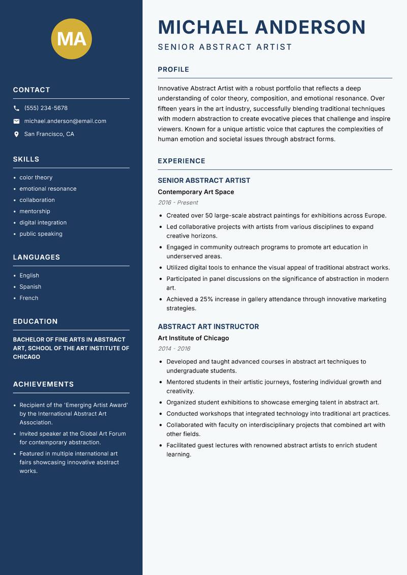 Abstract Artist resume sample — Senior Abstract Artist focus