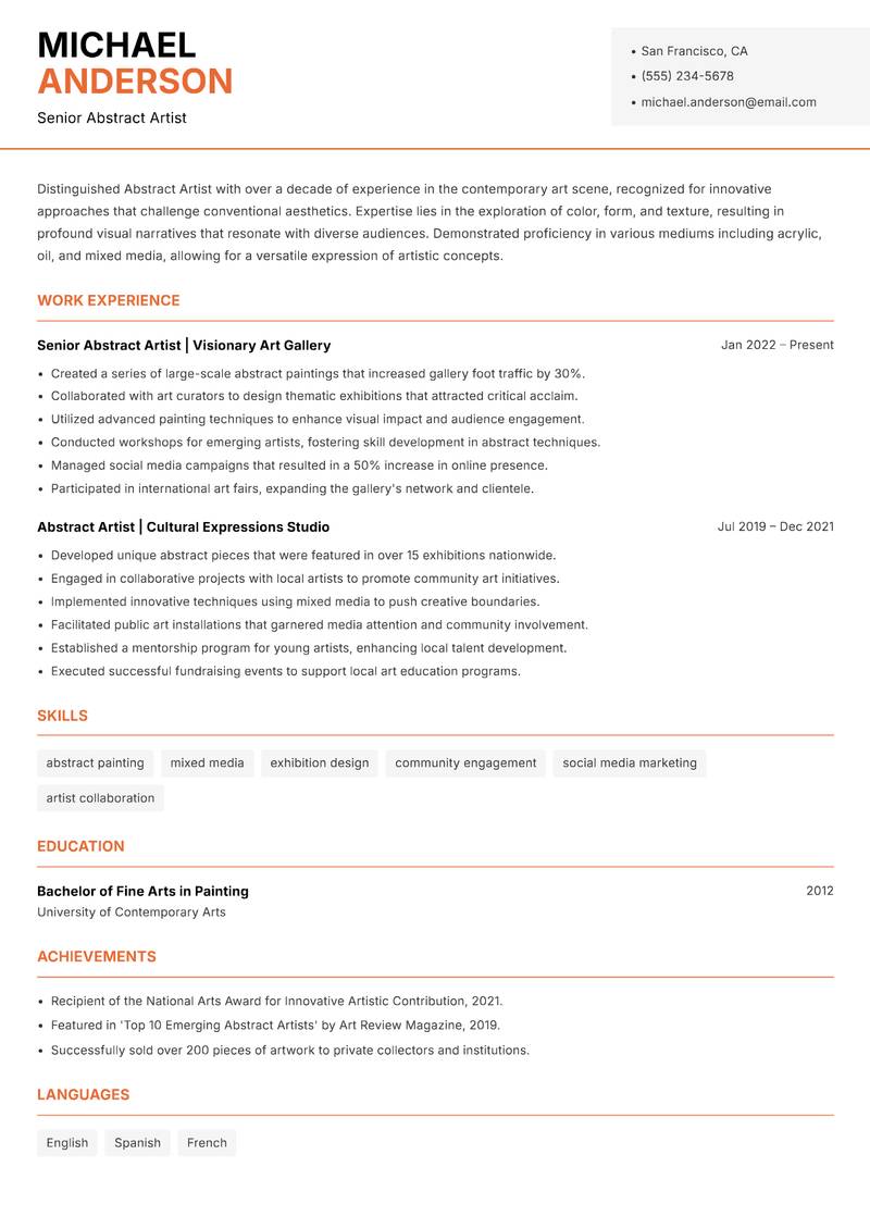 Abstract Artist resume sample — Senior Abstract Artist focus