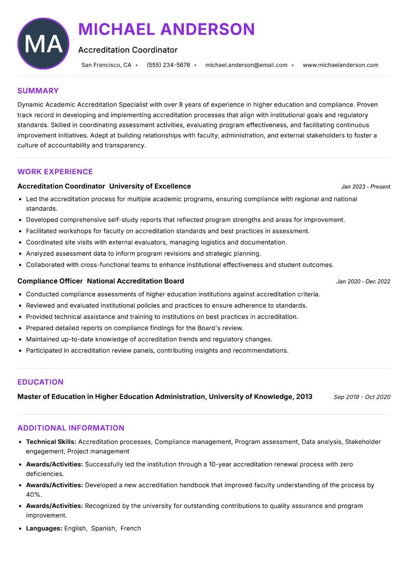 Academic Accreditation Specialist resume example — Higher Education