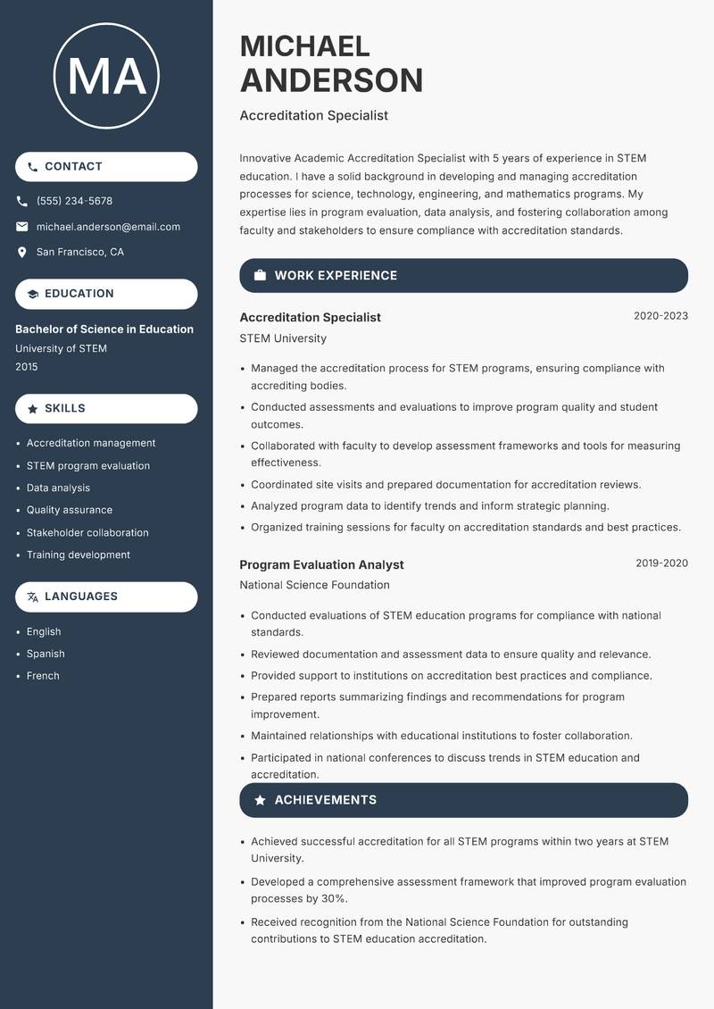 Academic Accreditation Specialist resume sample — Accreditation Specialist focus