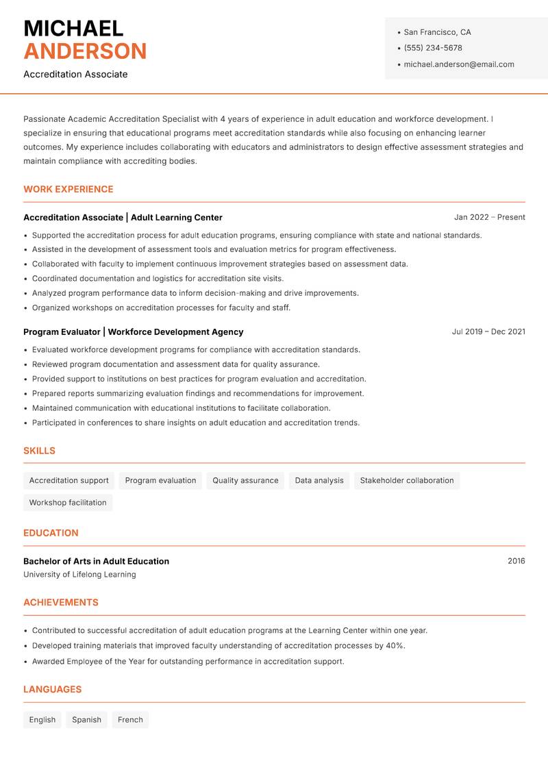 Academic Accreditation Specialist resume sample — Accreditation Associate focus