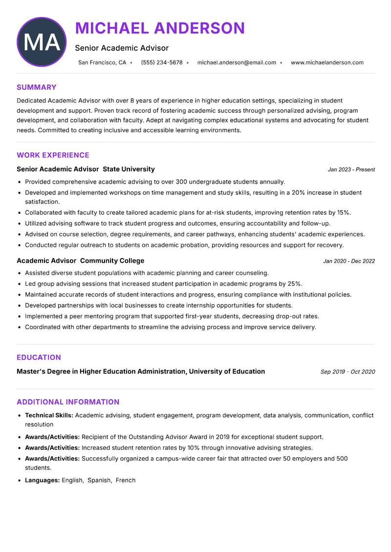 Academic Advisor resume example