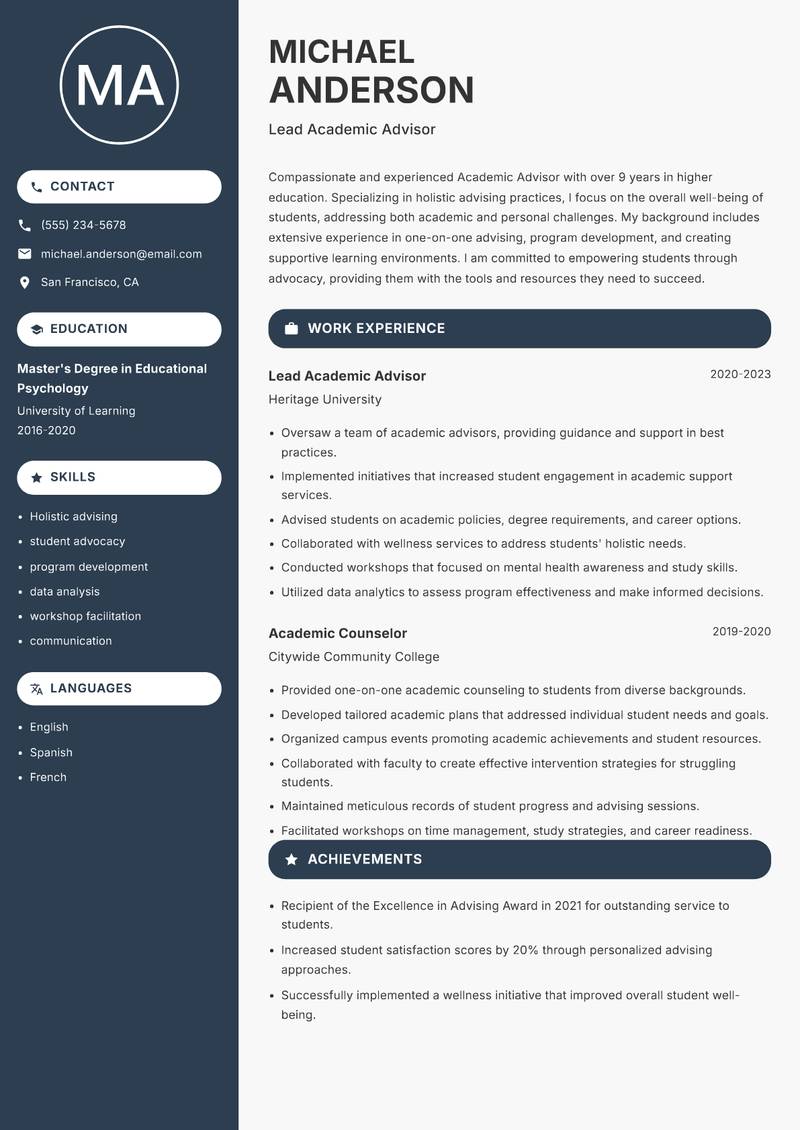 Academic Advisor resume sample — Lead Academic Advisor focus