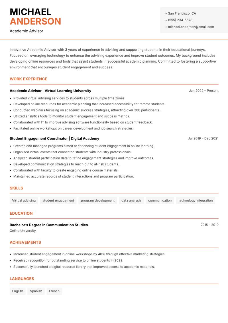 Academic Advisor resume sample — Academic Advisor focus