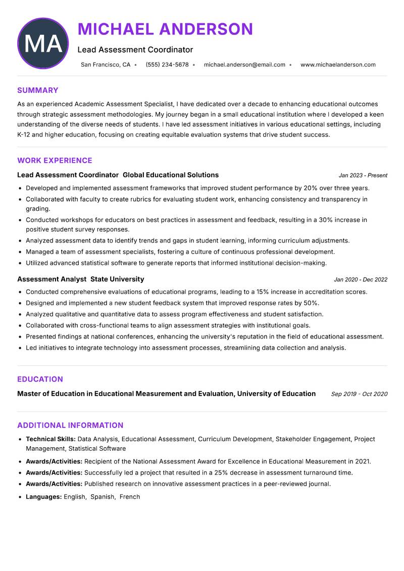 Academic Assessment Specialist resume example