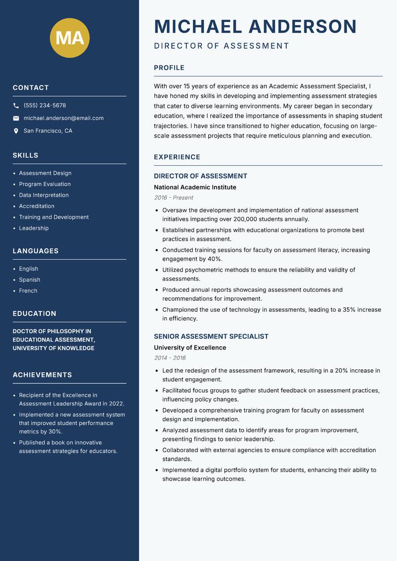 Academic Assessment Specialist resume sample — Director of Assessment focus