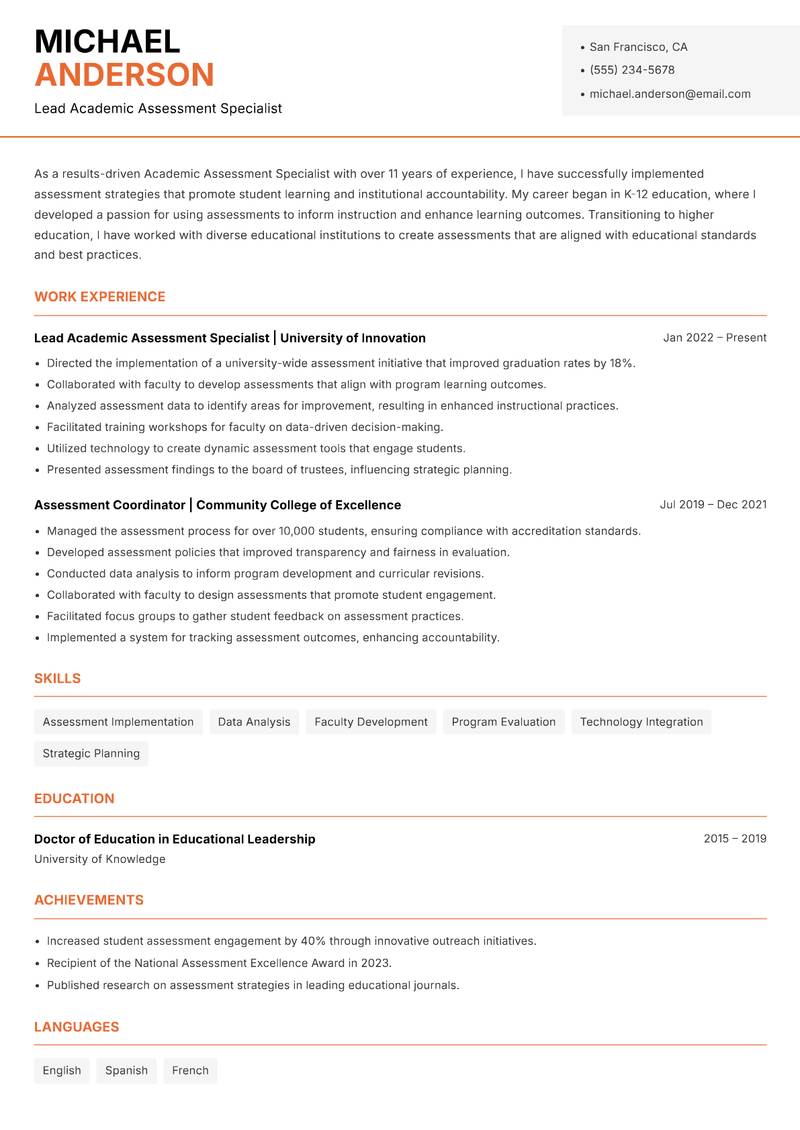 Academic Assessment Specialist resume sample — Lead Academic Assessment Specialist focus