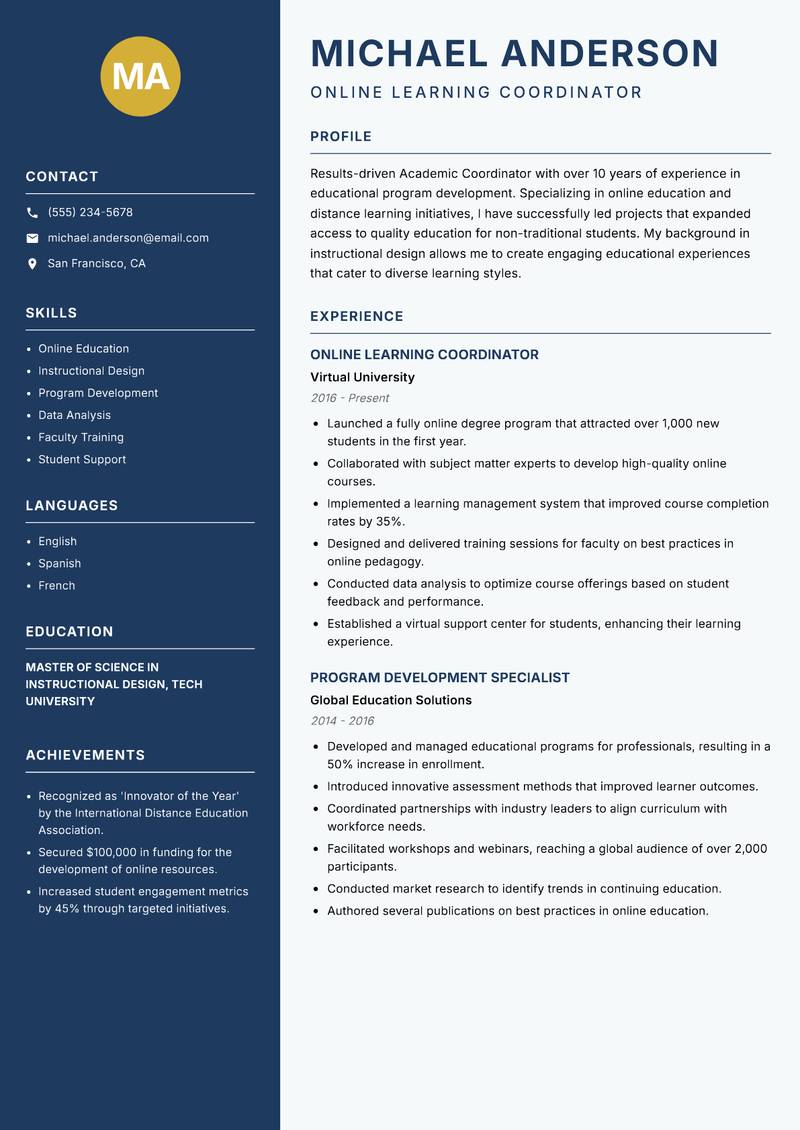 Academic Coordinator resume sample — Online Learning Coordinator focus
