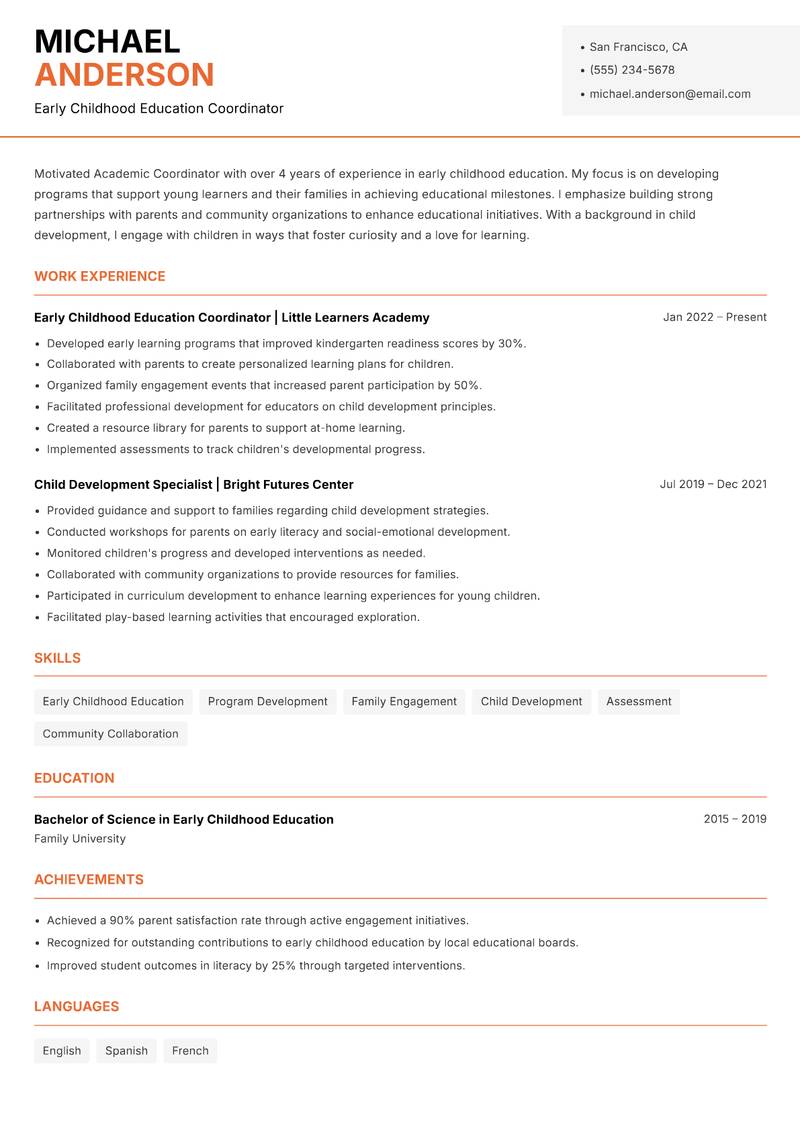 Academic Coordinator resume sample — Early Childhood Education Coordinator focus