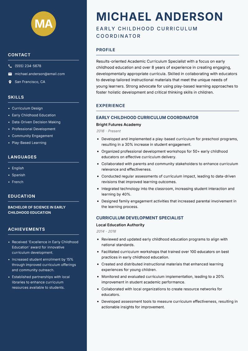 Academic Curriculum Specialist resume sample — Early Childhood Curriculum Coordinator focus