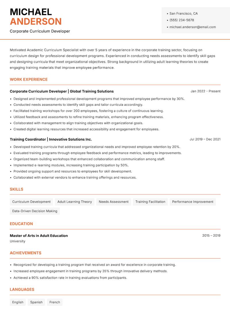 Academic Curriculum Specialist resume sample — Corporate Curriculum Developer focus