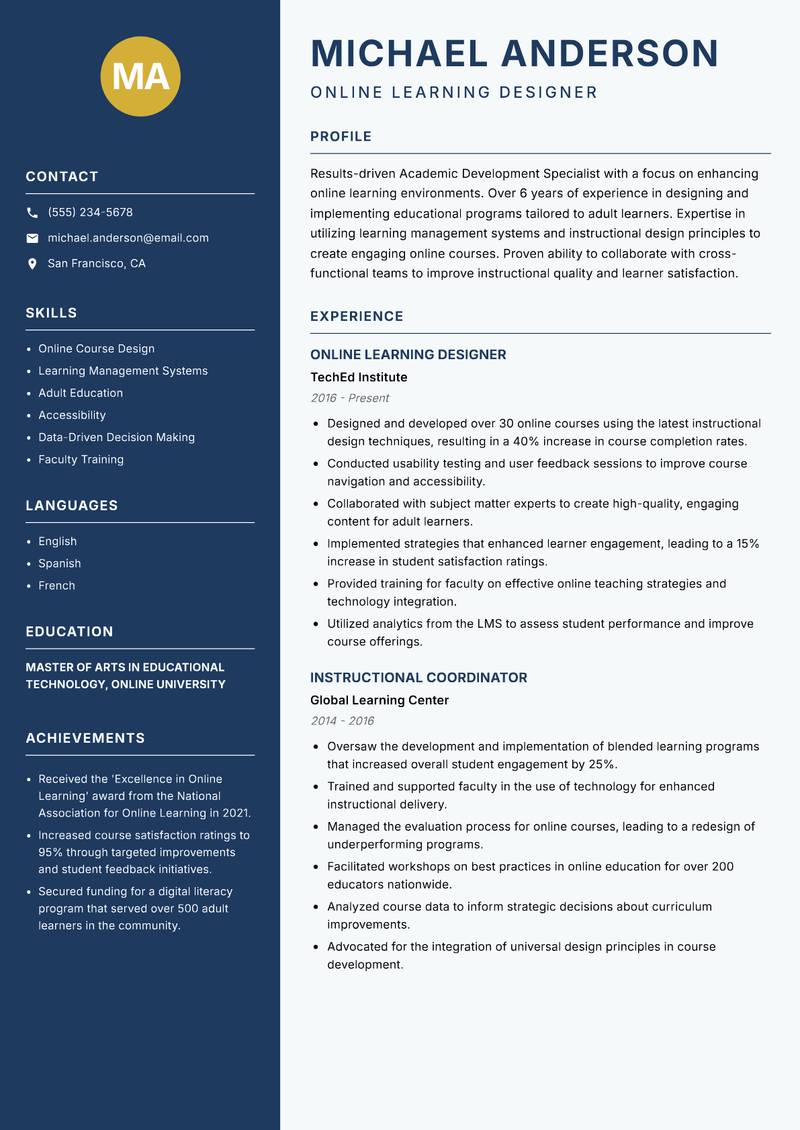 Academic Development Specialist resume sample — Online Learning Designer focus