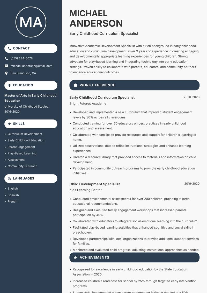 Academic Development Specialist resume sample — Early Childhood Curriculum Specialist focus