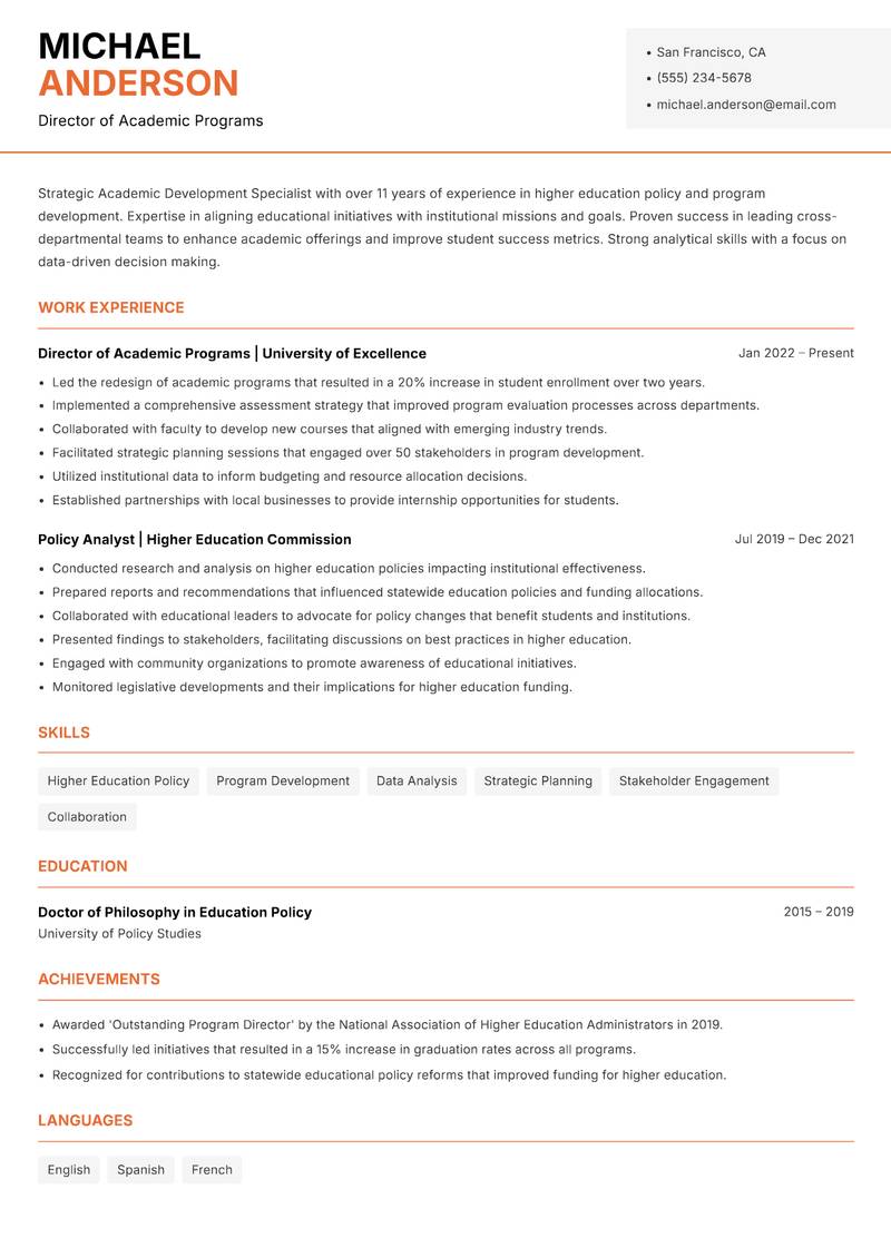 Academic Development Specialist resume sample — Director of Academic Programs focus