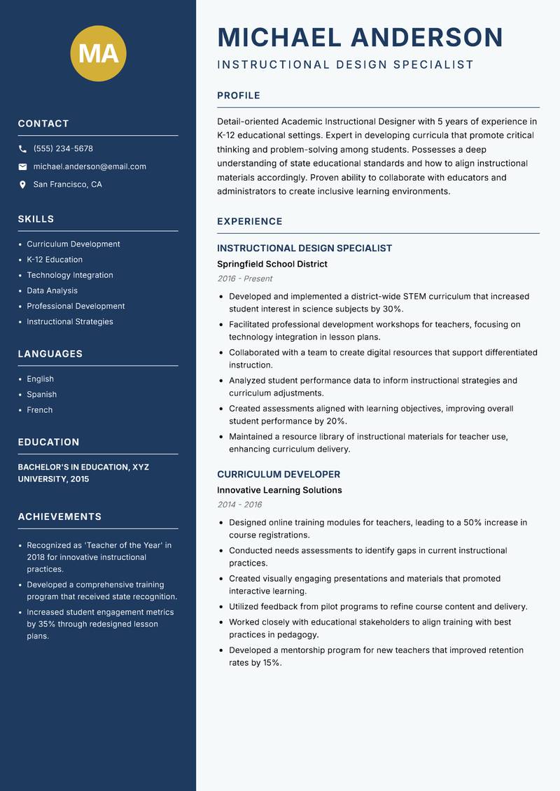 Academic Instructional Designer resume sample — Instructional Design Specialist focus