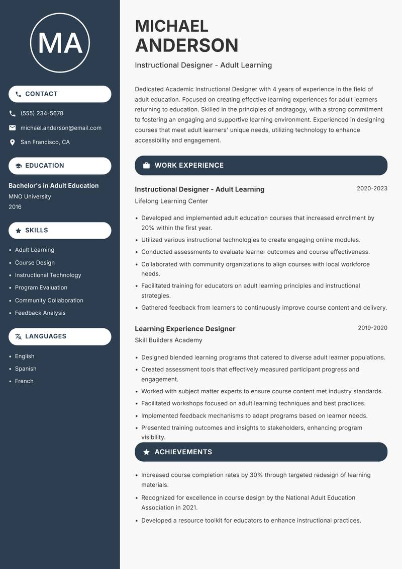 Academic Instructional Designer resume sample — Instructional Designer - Adult Learning focus