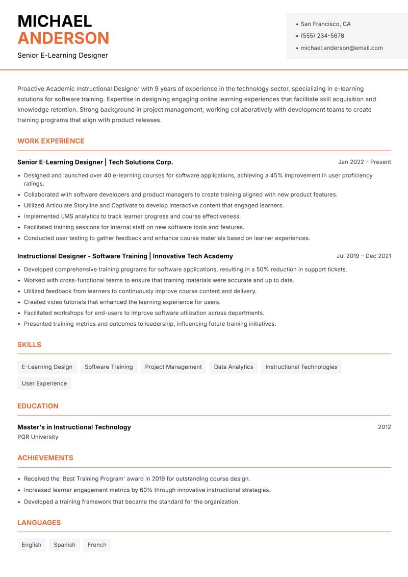 Academic Instructional Designer resume sample — Senior E-Learning Designer focus