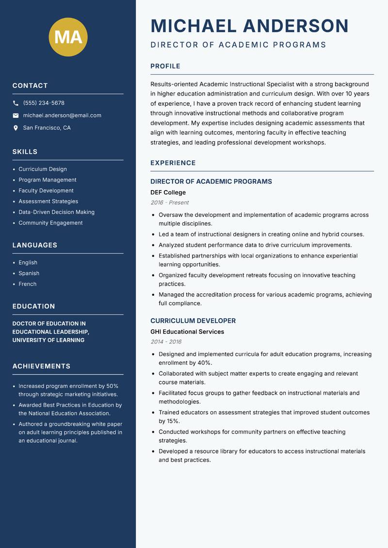Academic Instructional Specialist resume sample — Director of Academic Programs focus