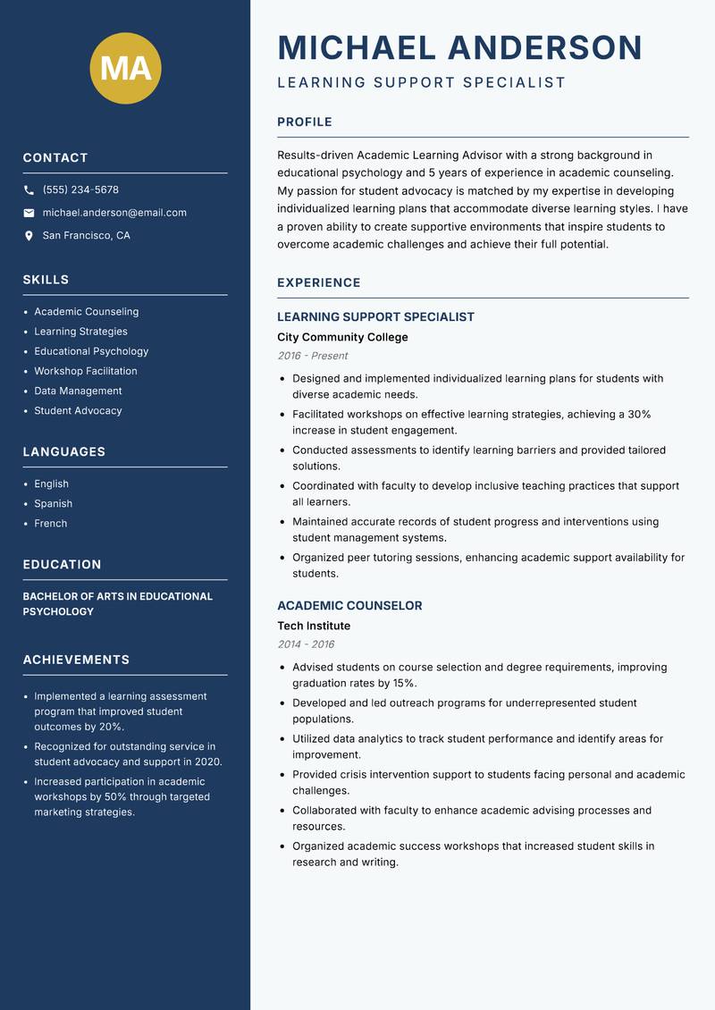 Academic Learning Advisor resume sample — Learning Support Specialist focus
