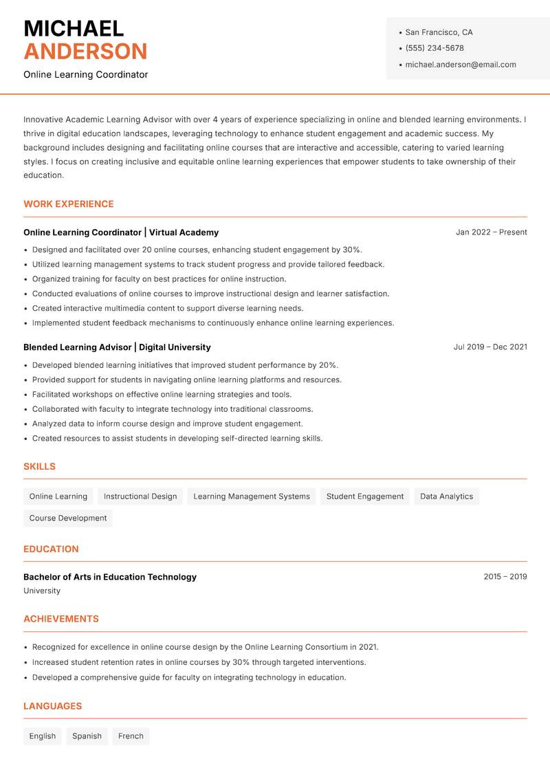 Academic Learning Advisor resume sample — Online Learning Coordinator focus