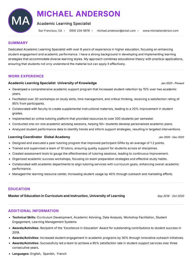 Academic Learning Specialist resume example