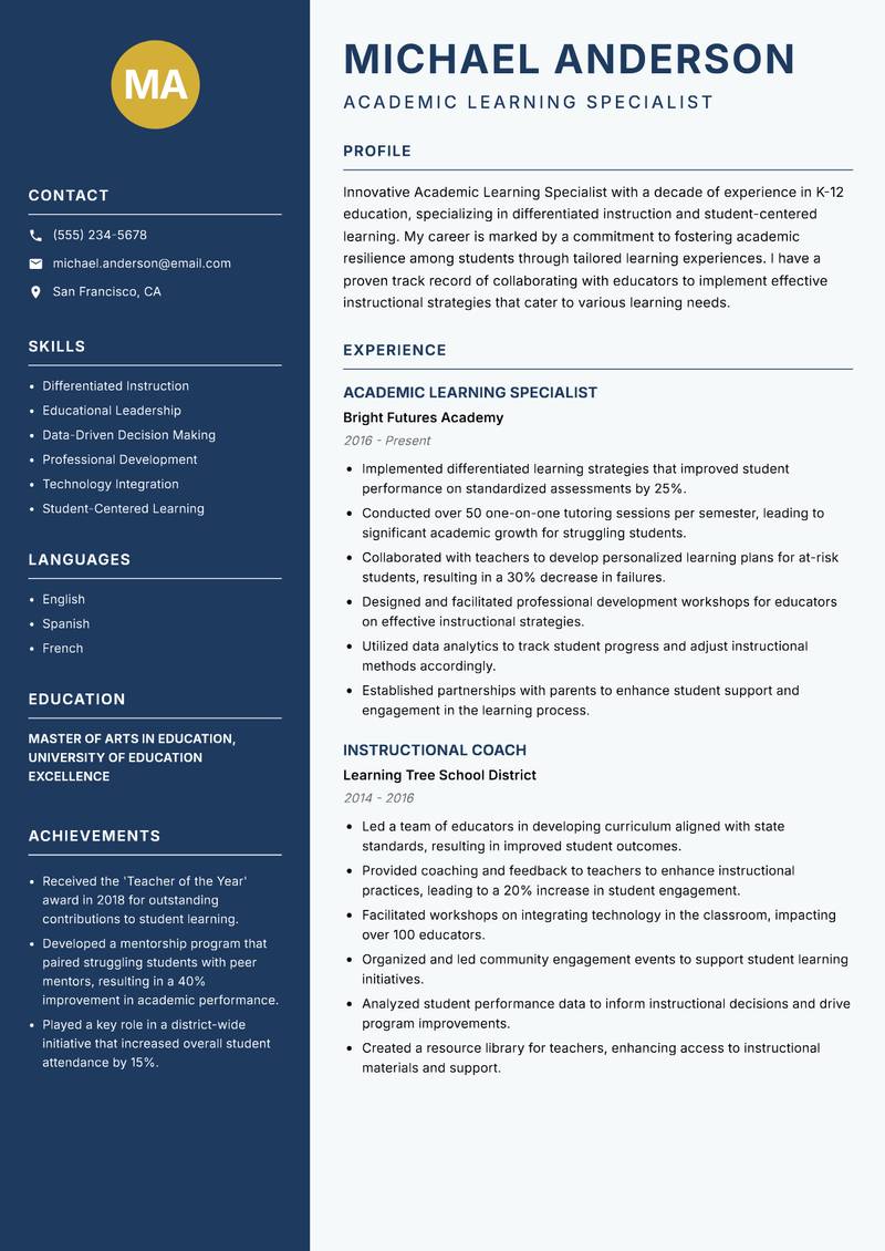 Academic Learning Specialist resume sample — Academic Learning Specialist focus