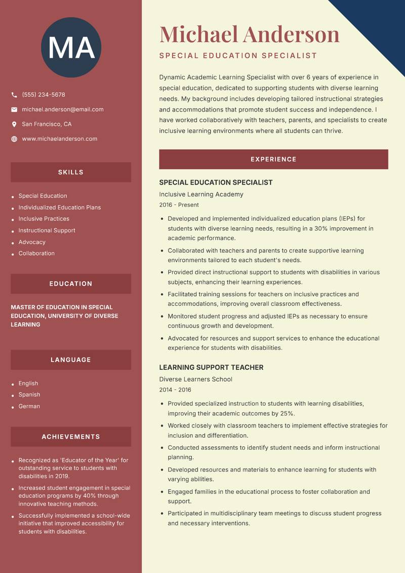 Academic Learning Specialist resume sample — Special Education Specialist focus