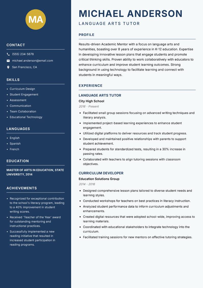 Academic Mentor resume sample — Language Arts Tutor focus