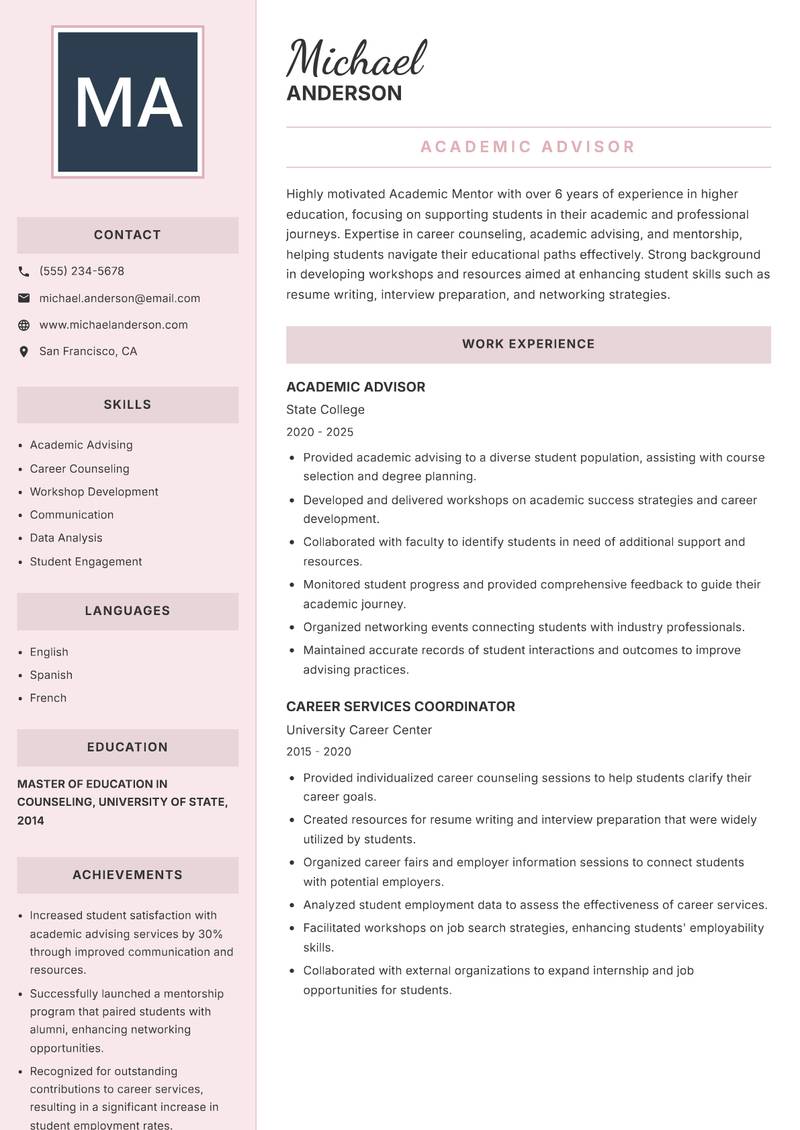 Academic Mentor resume sample — Academic Advisor focus