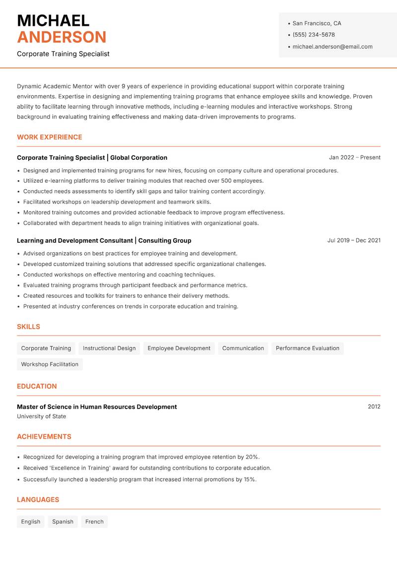 Academic Mentor resume sample — Corporate Training Specialist focus