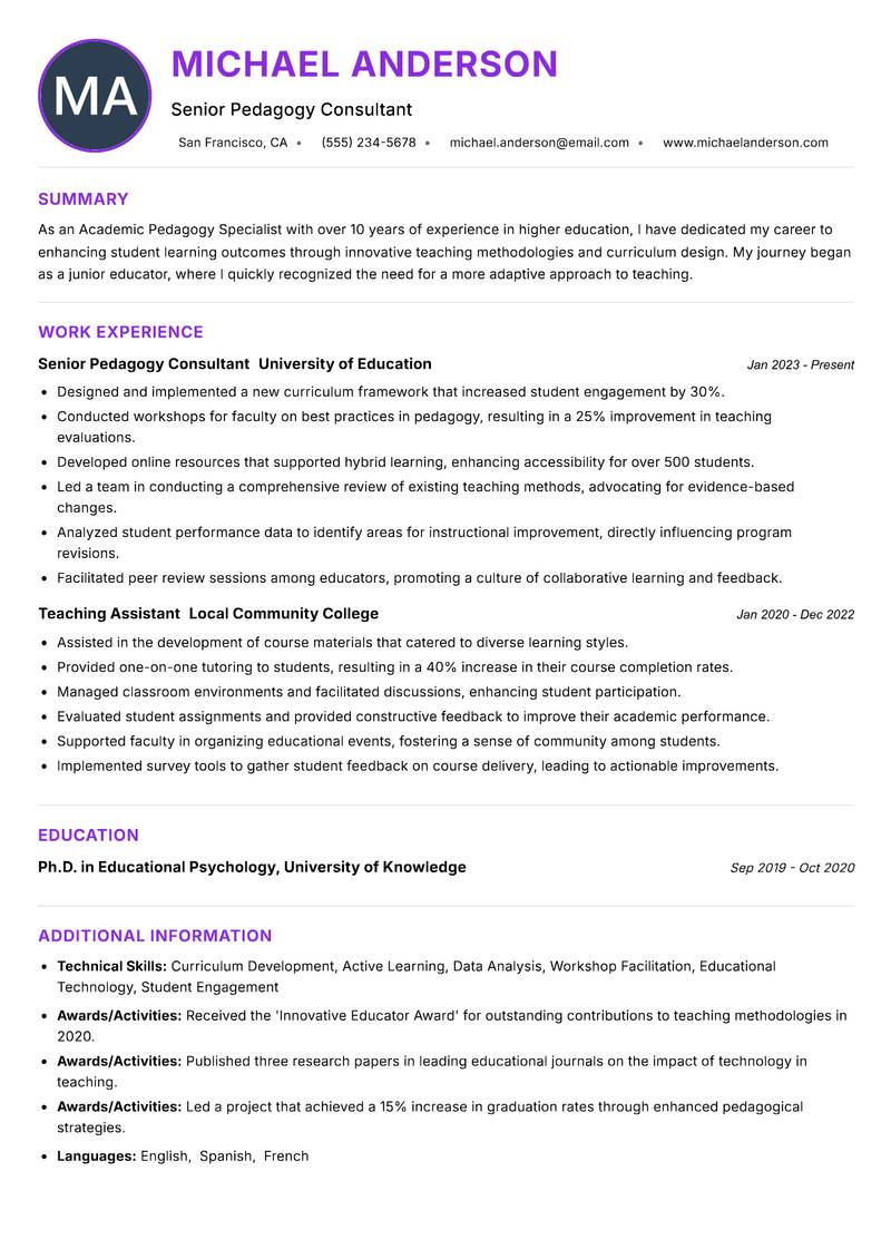 Academic Pedagogy Specialist resume example