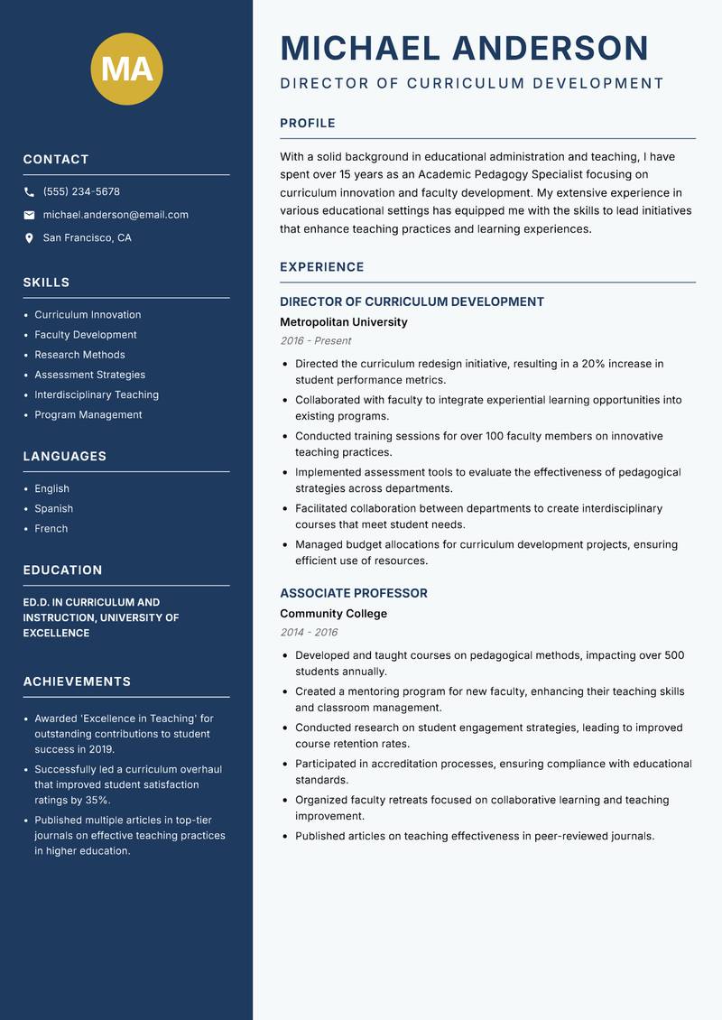 Academic Pedagogy Specialist resume sample — Director of Curriculum Development focus