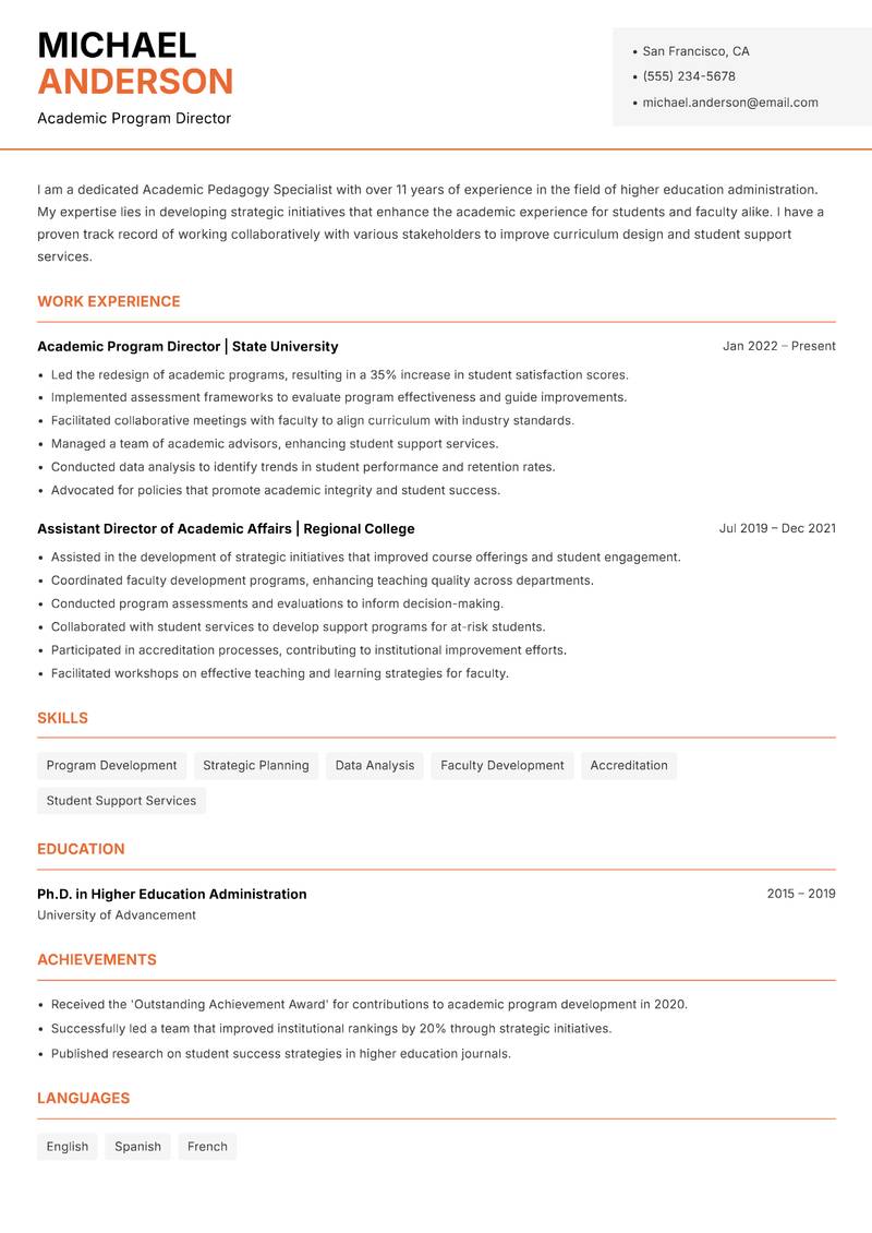 Academic Pedagogy Specialist resume sample — Academic Program Director focus