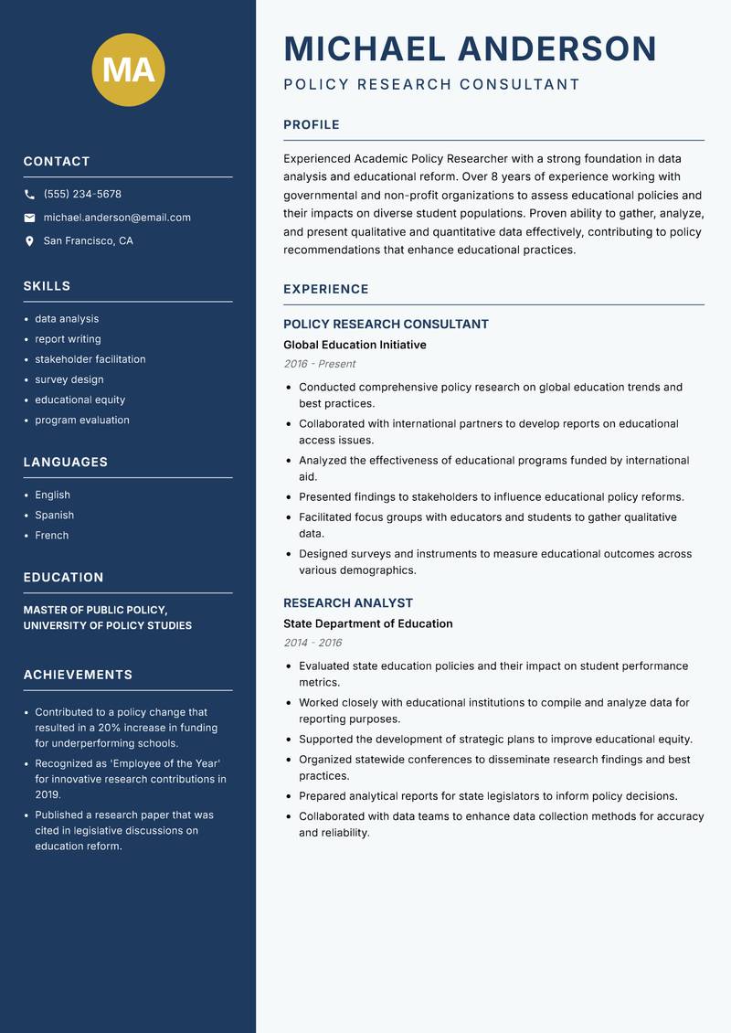 Academic Policy Researcher resume sample — Policy Research Consultant focus