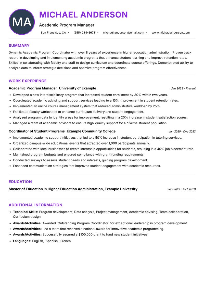 Academic Program Coordinator resume example