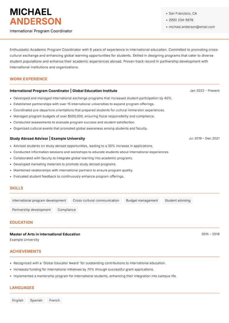Academic Program Coordinator resume sample — International Program Coordinator focus