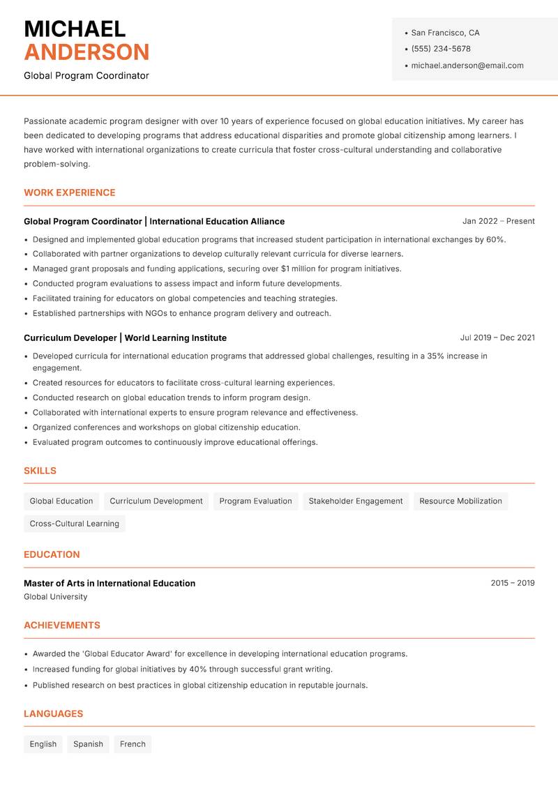 Academic Program Designer resume sample — Global Program Coordinator focus