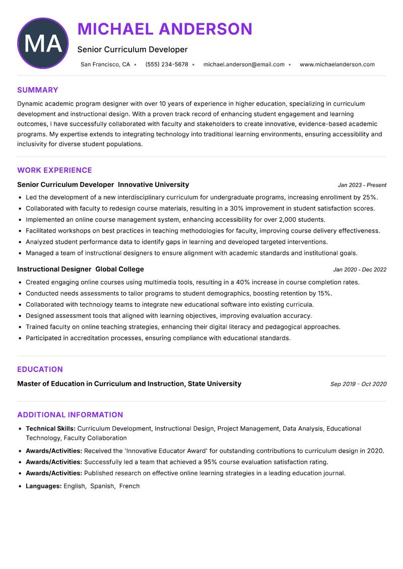 Academic Program Designer resume example